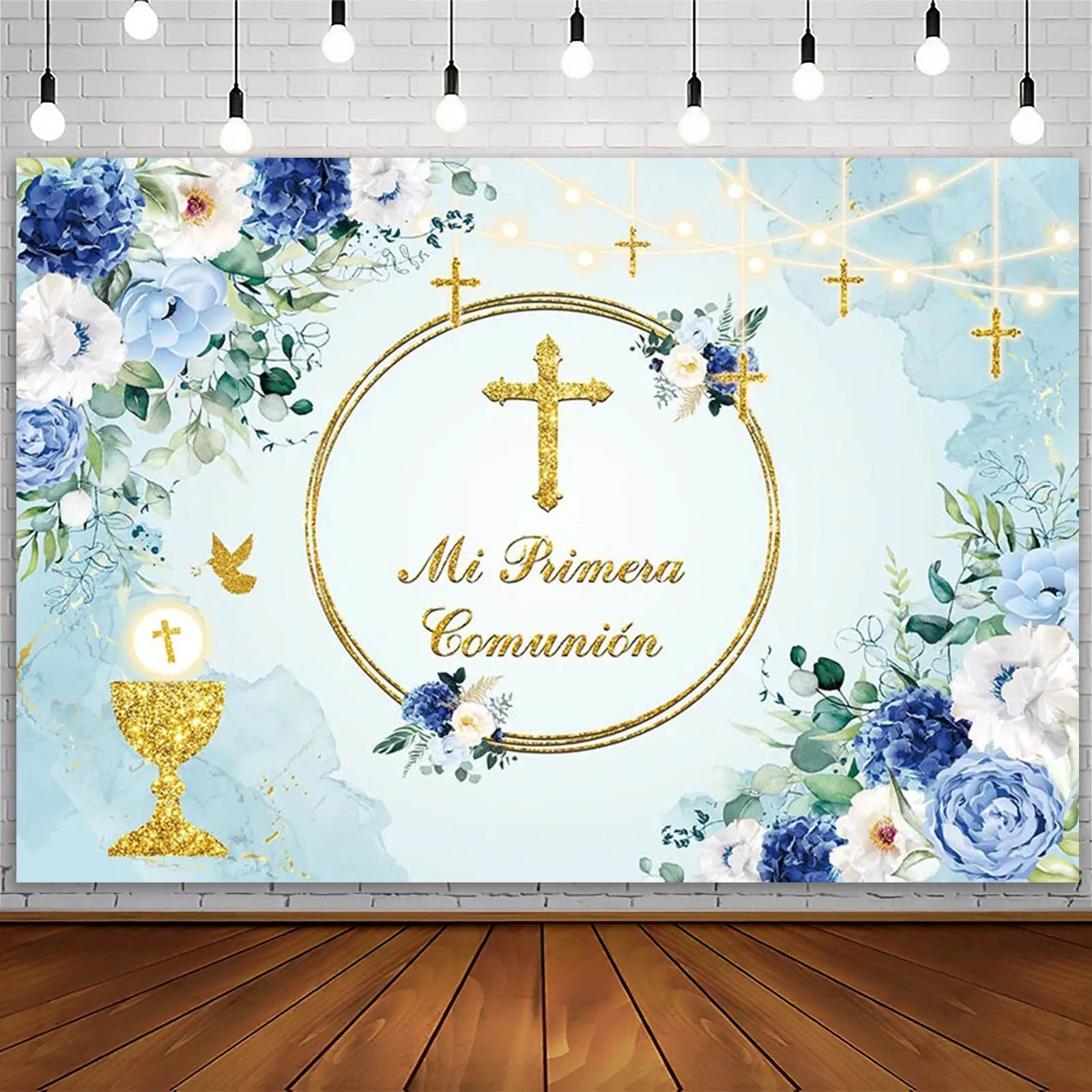 AIBIIN Baptism Photography Backdrop Gold Cross Yellow Flower Green Leaf First Holy Communion Background Christening Party Decor