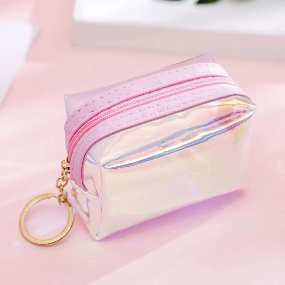 Kawaii Holographic Mini Coin Purse Pastel Color Waterproof Transparent PVC Wallet Zipper Portable Kawaii Pouch Daily Use