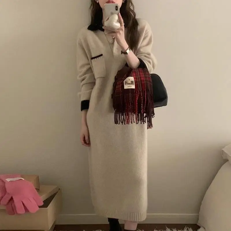 Women Autumn Winter Simplicity Office Lady Solid Color Polo Collar Knitted Dress Ladies Fashion Patchwork All-match A-line Skirt