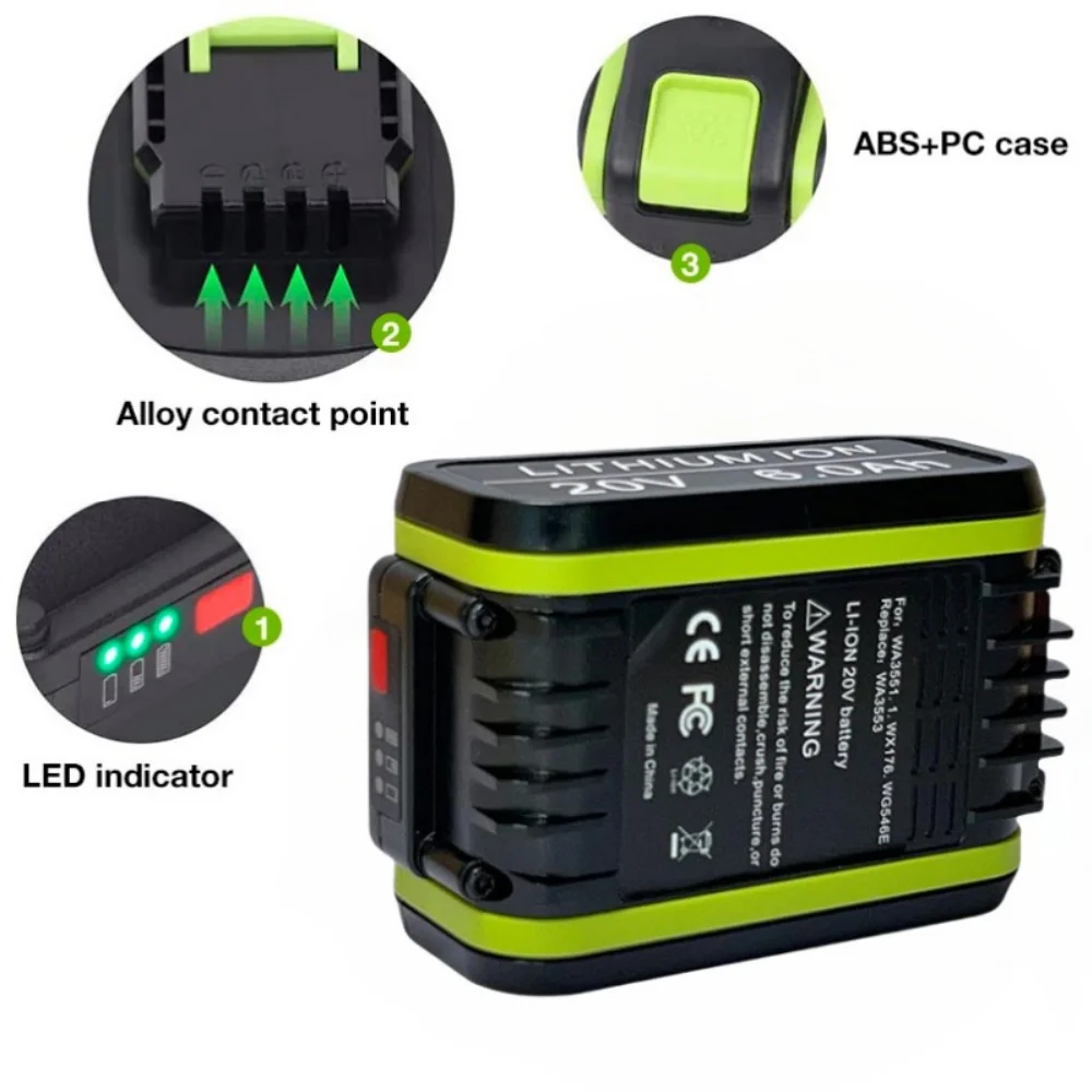 20V バッテリー 6000mah リチウムイオン Worx WX390/WX176/WX166.4/WX372.1 WX800/WX678/WX550/WX532/WG894E WG629E/WG329E 用