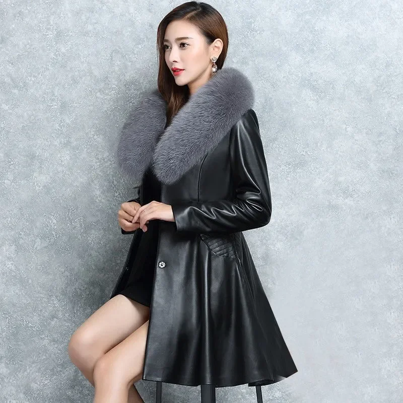 2024 Winter Faux Fur Collar Leather mid-length Slim Coats Female Jacket Parka Women Fashion pu leather coat