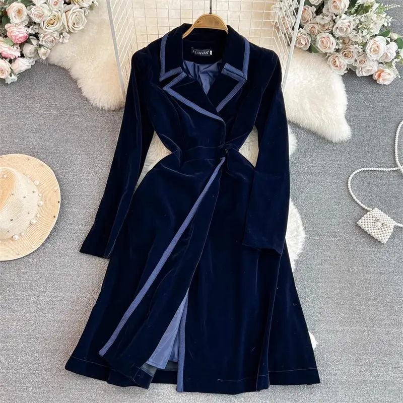 

Hepburn Style Long Blazer Dress Celebrity Temperament Long Sleeve Suit Collar Waistband Slim A-Line Velvet Trench Coat Z2749