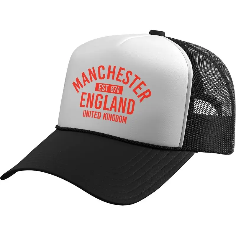 Manchester England United Kingdom Est. 87AD Red Trucker Hat With Adjustable Mesh Back