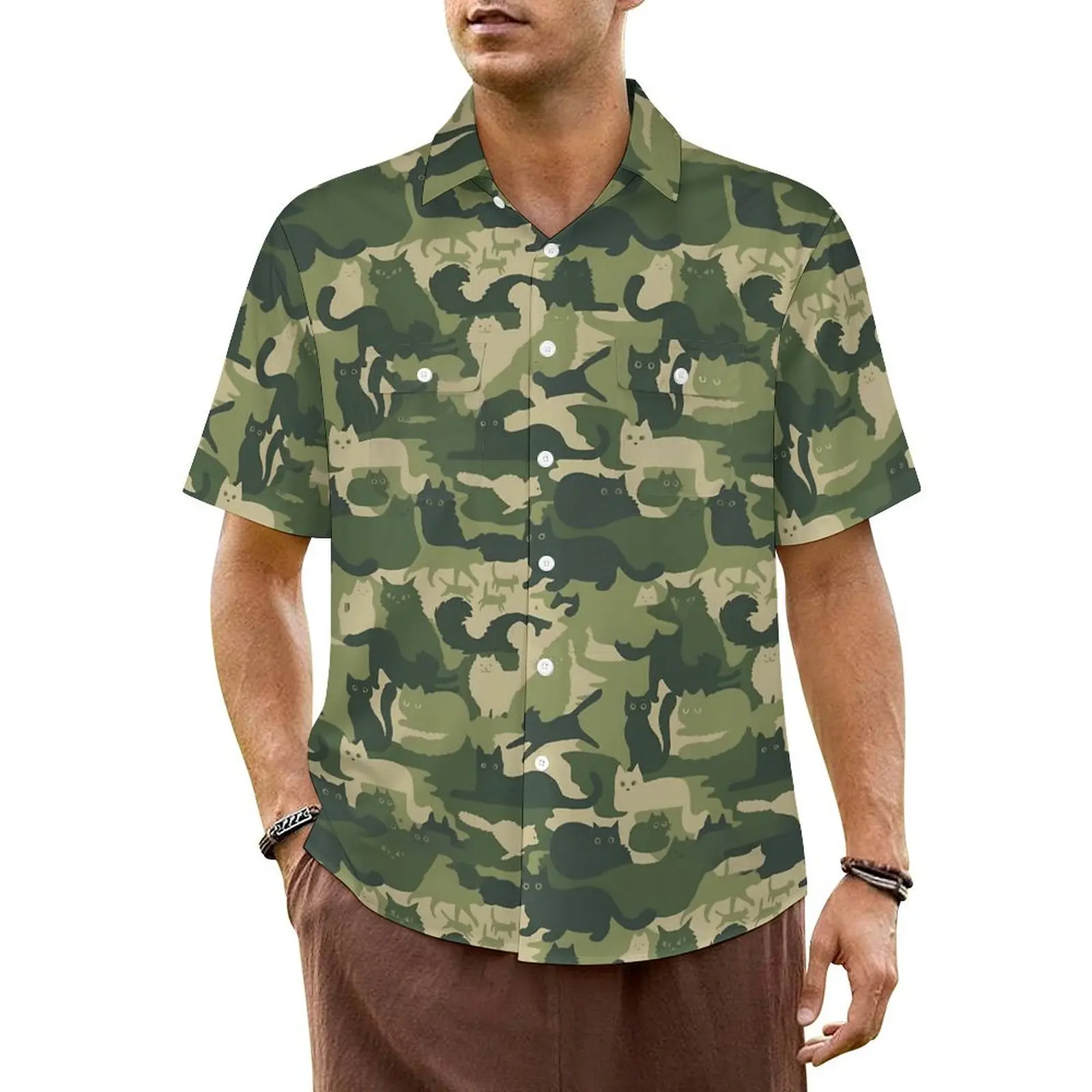 

Army Green Camo Hawaii Shirt For Man Vacation Camouflage Cats Casual Shirts Short-Sleeved Y2K Funny Classic Plus Size Blouses