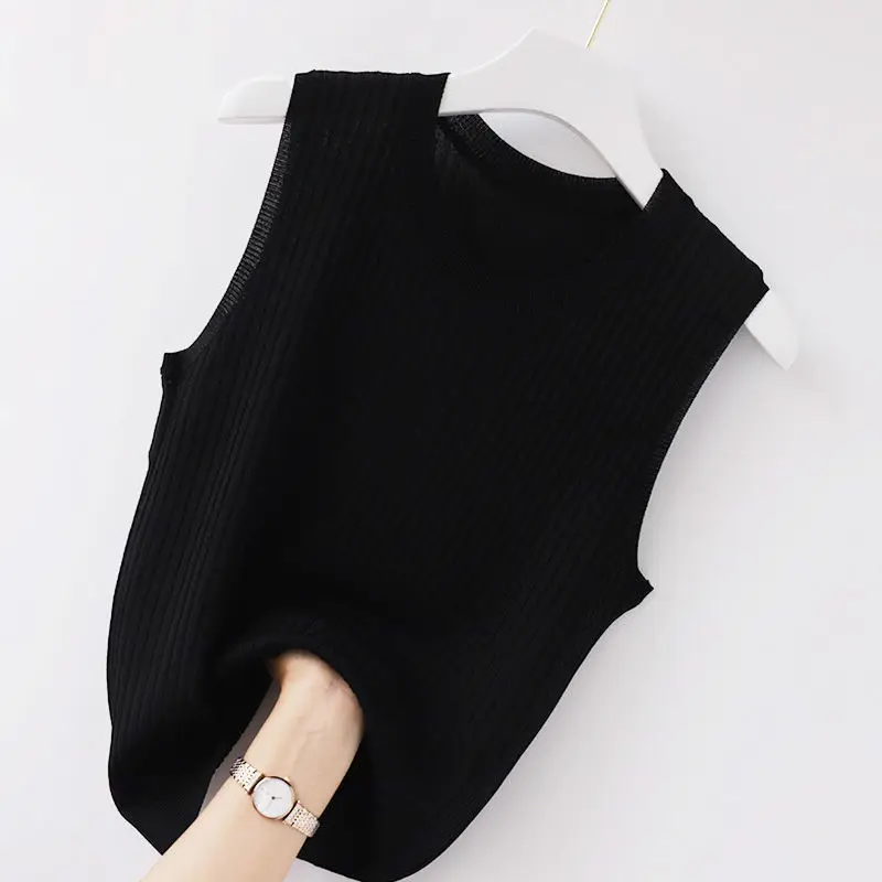 Fashion Women All-match Sleeveless Knit Tank Top Korean Summer New Female Clothing Thin Slim Short Solid Pullover Casual Vest