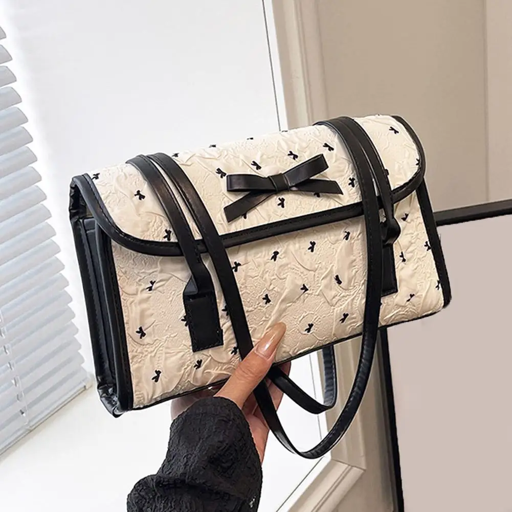 Sweet Bow Print Shoulder Bag for Women Korean Fashion Commuter Underarm Bag Versatile Elegant PU Leather Messenger Bag