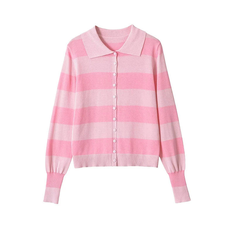 YENKYE Cárdigan de punto con cuello de solapa a rayas para mujer, abotonadura sencilla, manga larga abullonada, ropa de abrigo informal de otoño