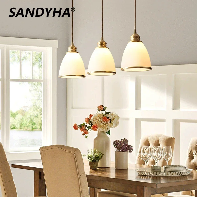 

SANDYHA Nordic All Copper Pendant Lights Glass Lampshade Design Led Lamp Living Room Bedroom Decoration Dining Table Lighting