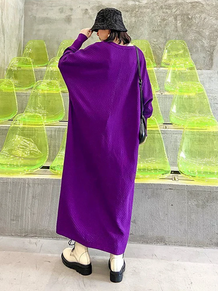 [EAM] Women Purple Knitting Big Size Casual Long Sweater Dress New V-Neck Long Sleeve Fashion Tide Spring Autumn 2024 1DH7780