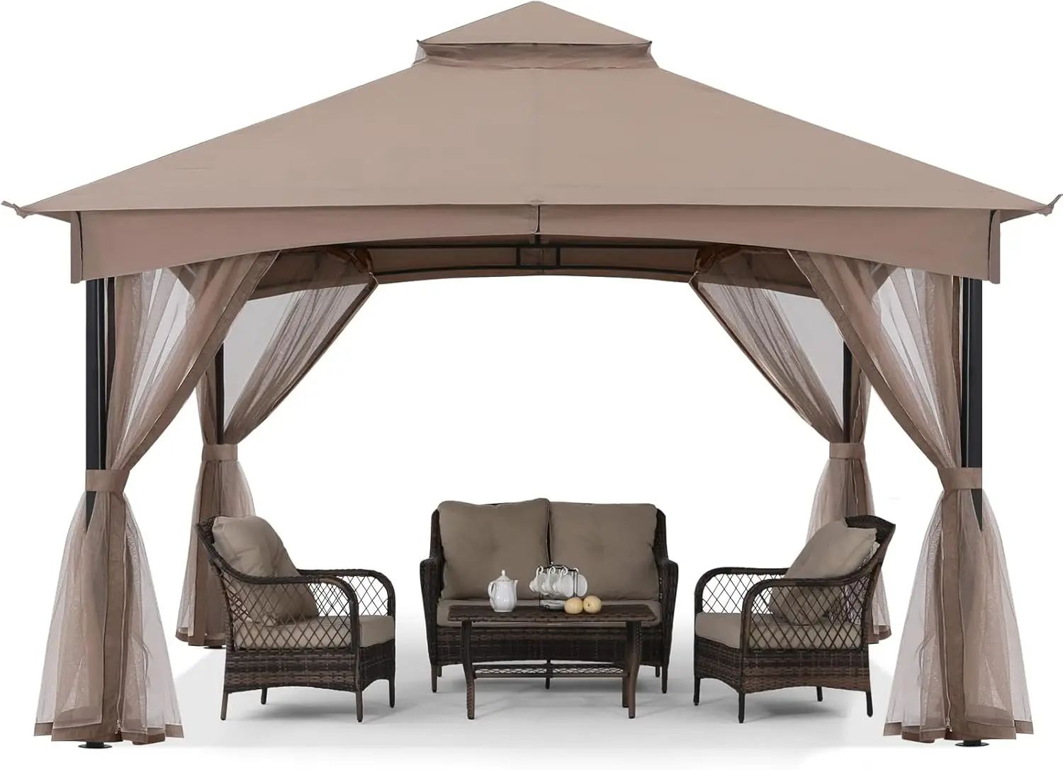 Tool Free Patio Gazebo Screw Free Easy Installation Outdoor Garden Gazebo with Netting Walls (11x11 Khaki)