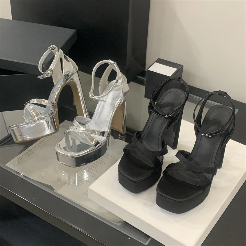Eilyken Sommer Extreme High Heels Karree Plattform Frauen Sandalen Mode Schmale Band Schnalle Party Kleid Schuhe