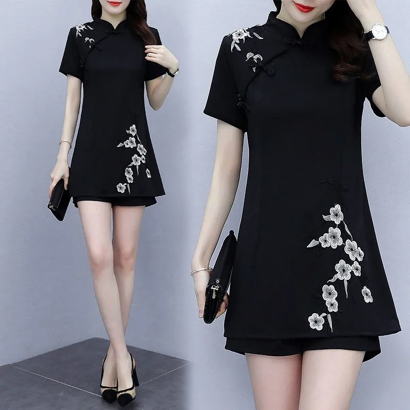 Women\'s Suit Chinese Style Outfits Matching Crop Top Shorts Two Piece Sets 2023 Summer New Improved Retro Cheongsam Lady Clothes