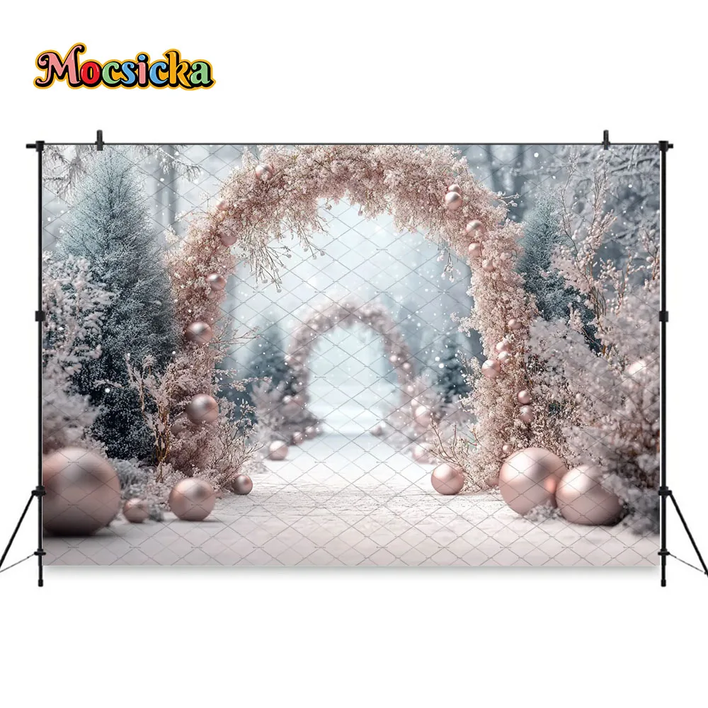 Mocsicka Frozen Christmas Wonderland Background Photography Archway Wreath Balloon Snowy Backdrop Winter Kids Photozone Studio