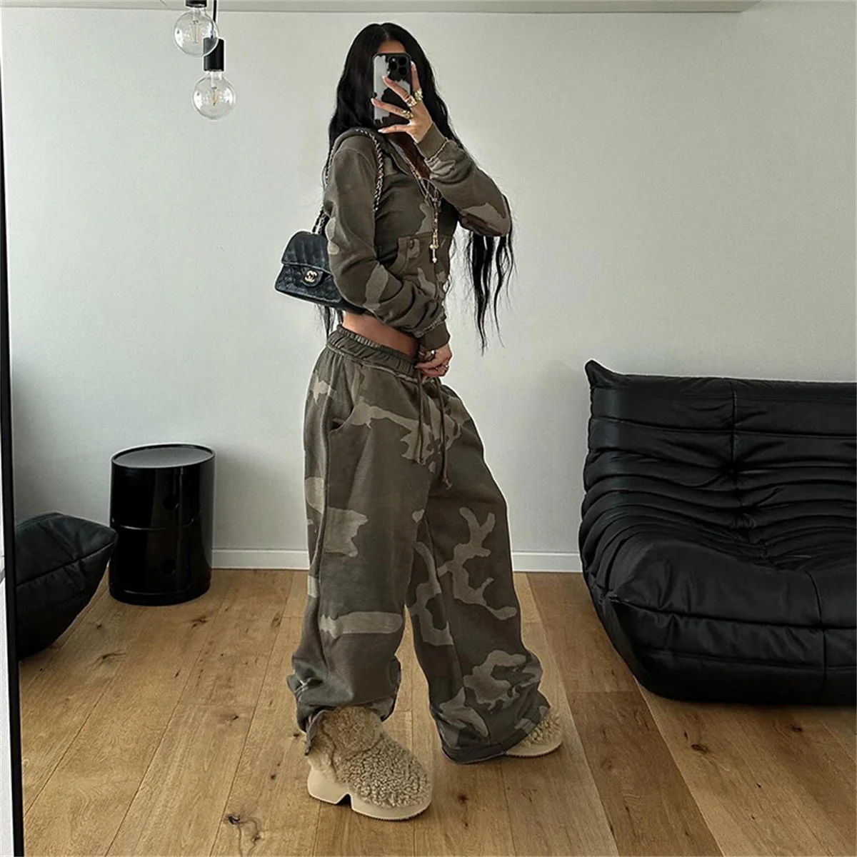 Women Camouflage 2 Piece Set Gothic Retro Hooded Sweatshirt Casual Elastic High Waist Pant Sets Y2K Hip Hop Streetwear Harajuku