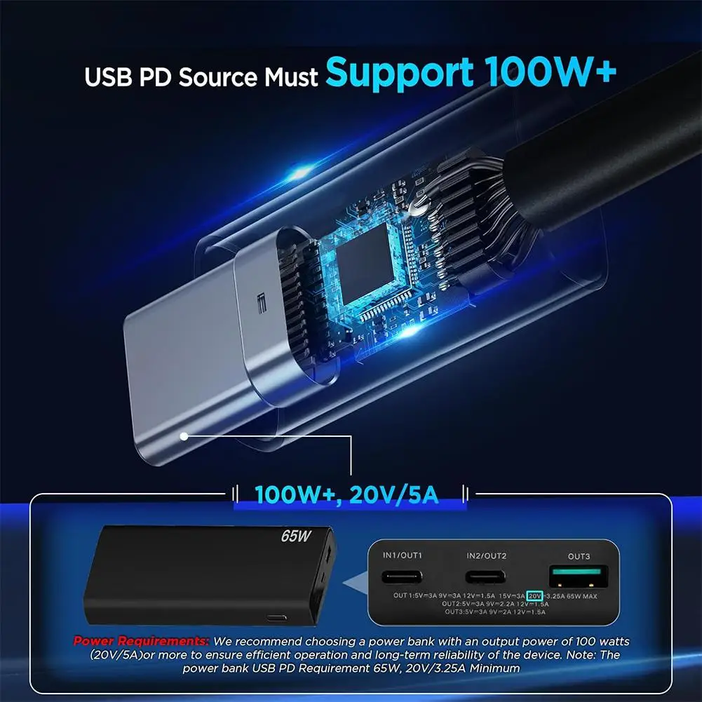 Para Starlink Mini 3 en 1 Cable de alimentación CC 100W + USB C 12-24V enchufe de encendedor de cigarrillos Cable de alimentación macho CC para Starlink Mini