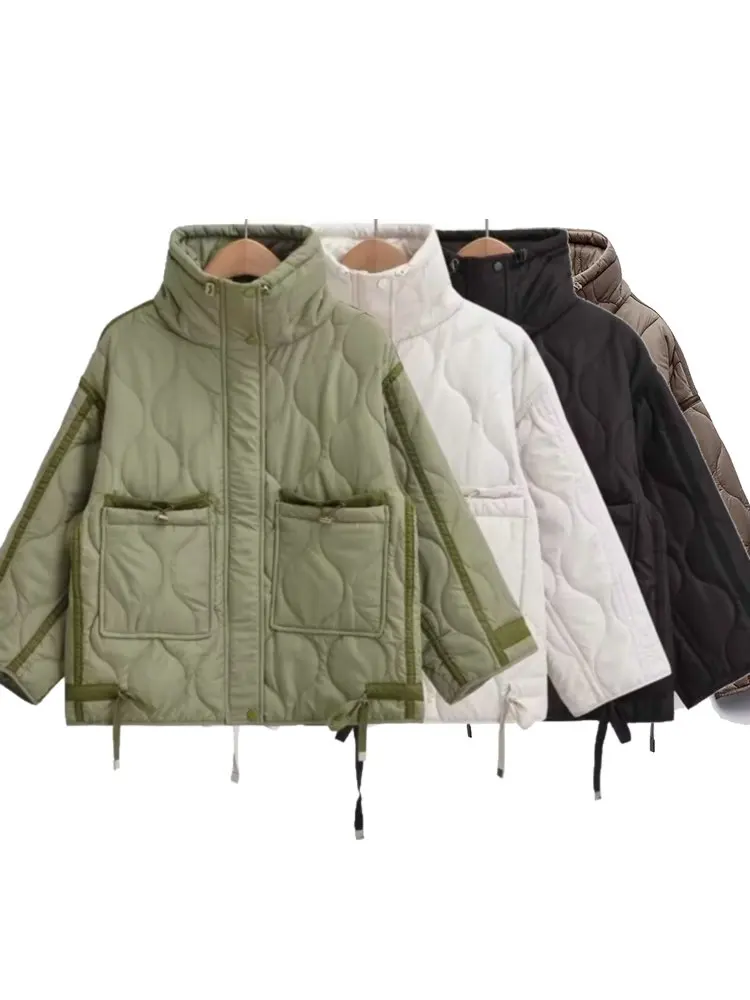 

Стеганое пальто для женщин ETJ 2024traf ПОВЕРЕННАЯ КУРТКА С завязками новая бежевая хлопковая куртка на шнурке с высоким воротником и зажимом для женщин