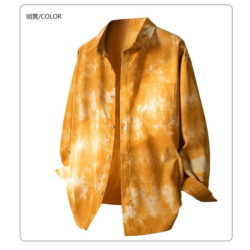Men Tie Dye Long Sleeve Shirt Lapel Loose Retro Casual Shirt Jacket For Spring Autumn Streetwear