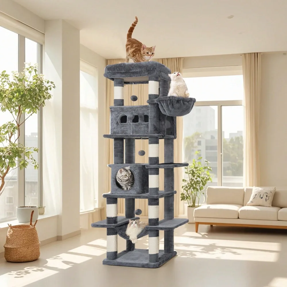 

67" Large Tall Cat Tower For Indoor Cats, Multi-Level Cats House With Condo, 8 Scratching Posts, Hammock, 4 Pom Poms