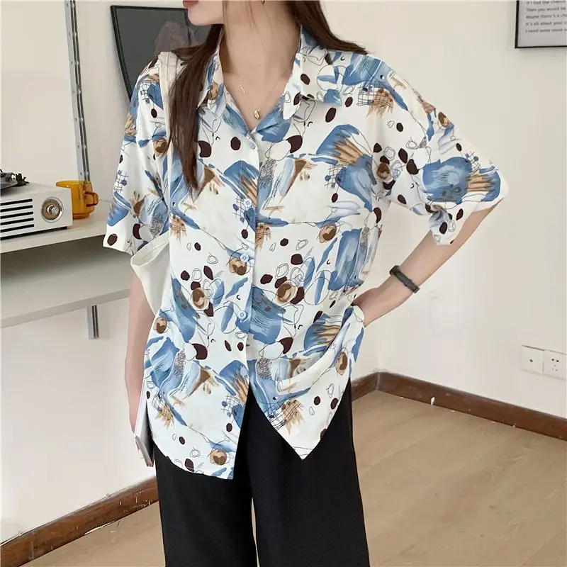 Elegant Fashion Harajuku Slim Fit Female Clothes Loose Casual All Match Tops Women Printed Button Cardigan Short Sleeve Shirt