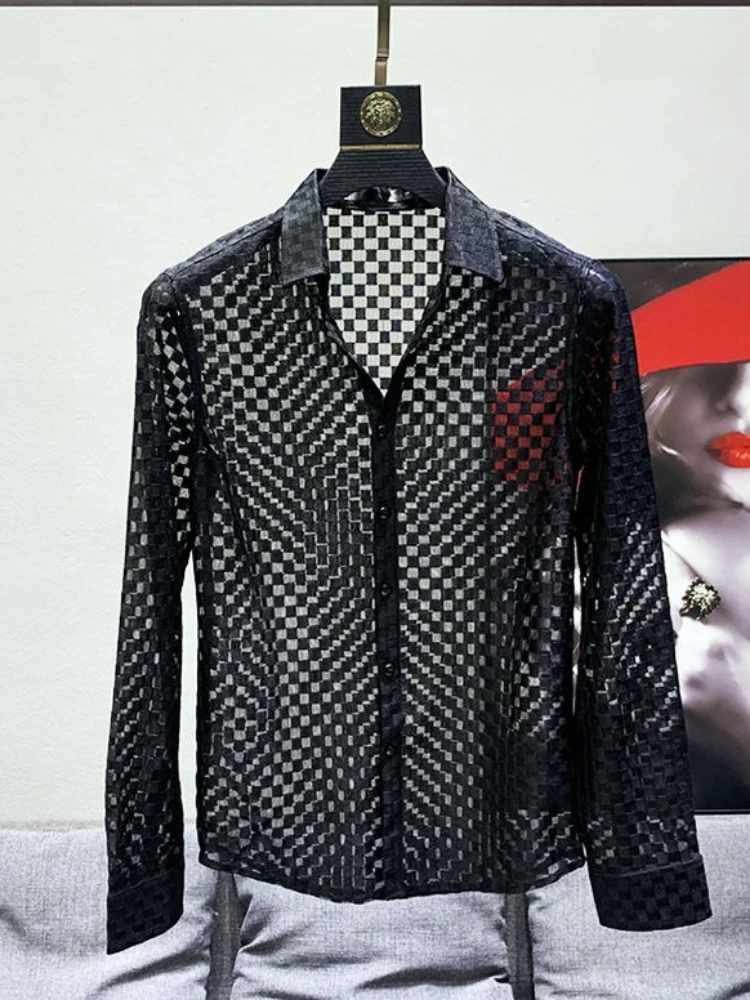 Black White Shirts Men Long Sleeve Shirts Design See-through Thin Hollow Out Plaid Shirt Slim Mesh Breathable Tops Fashion Trend