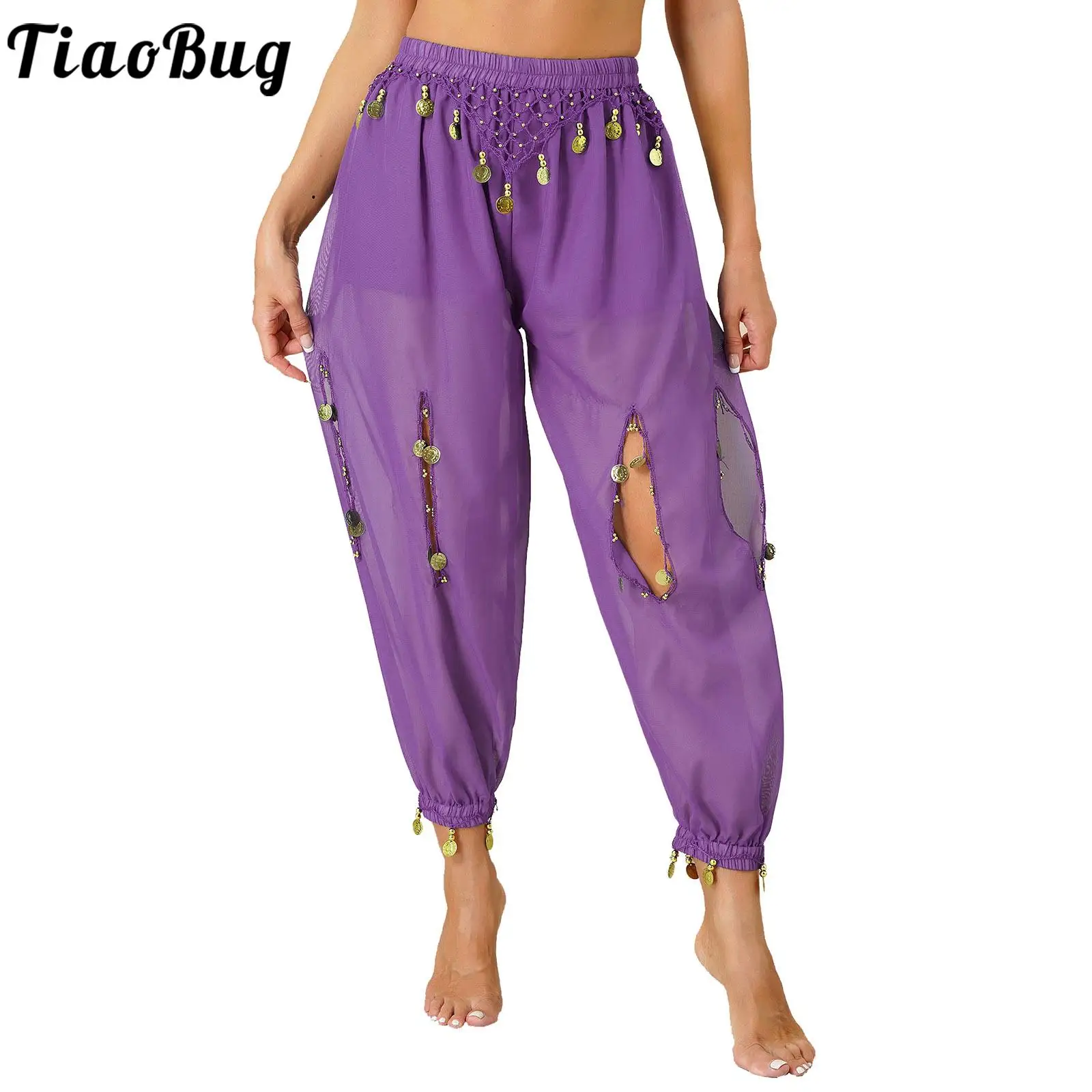 

Womens Dance Pants Hollow Out Beads Coins Pendant Belly Dance Trouser See-Though Chiffon Bloomers Stage Performance Trousers