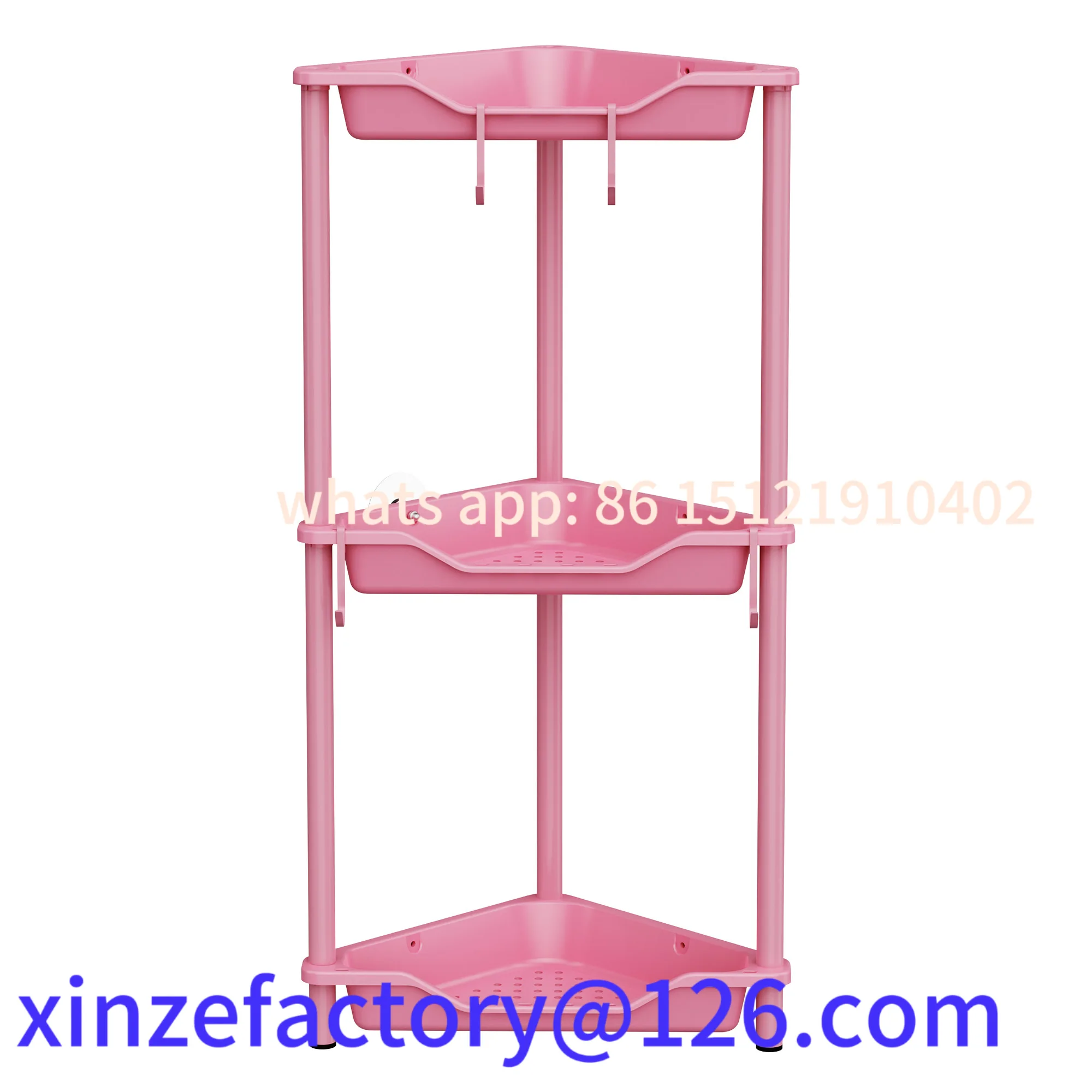 

Customizable 3 Layer Floor Standing Corner Shelf Metal Pink Shampoo Storage Rack Plastic Shower