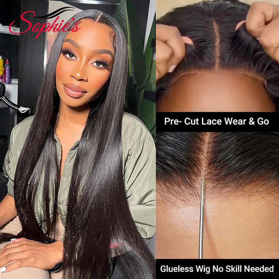 Sophies Wear And Go Glueless Wig 180% Density Brazilian Straight 4*4 Transparent Lace Closure Wig Pre Cut Hairline Ready To Go