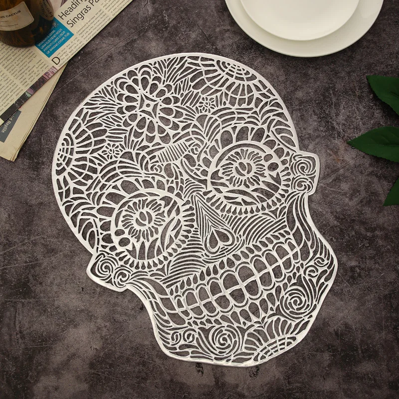 Skull Head Placemat Hollow PVC Halloween Dining Table Decor Mat Personalized Creative Trend Meal Mat Anti Slip Cup Pad Coaster