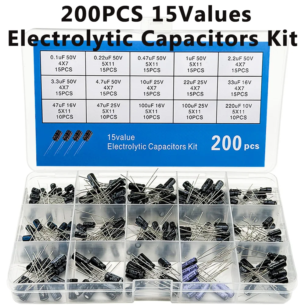 200PCS 15 Values Electrolytic Capacitor Assortment Kit 10V 16V 25V 50V 0.1uF-220uF  0.22uf 2.2uf 100uf Radial capacitors set