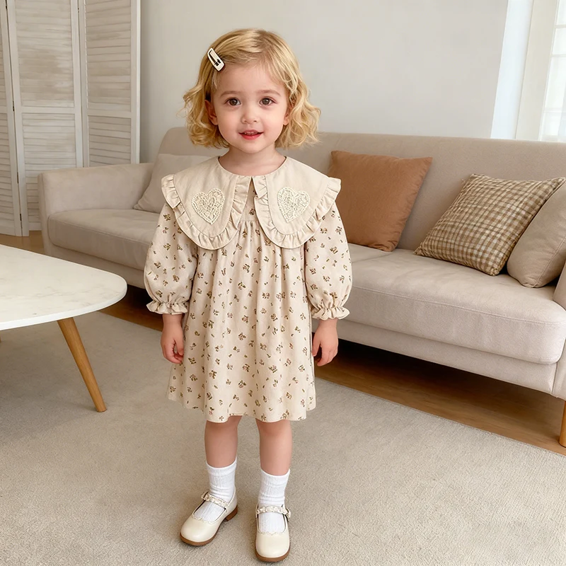 2026 Neues Frühlings-Herbst-Kleid für 2-6-Jährige Mädchen, Party-Herzkleid aus Baumwolle, Bedruckte Kinder-Prinzessinnenkleider, Langärmlige Kinderkleidung