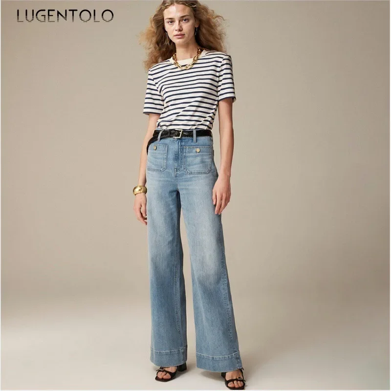 Women Casual Jeans Vintage Wash Wide-leg Slightly Flared Pants Fashion Buttoned Patch Pockets Elegant Loose 2024 Available 4XL