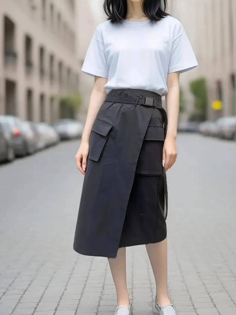 2026Women's Black A-Line Skirt with Adjustable Waist Belt & Pockets - Flared Hem Machine Washable All-Season Versatile for C