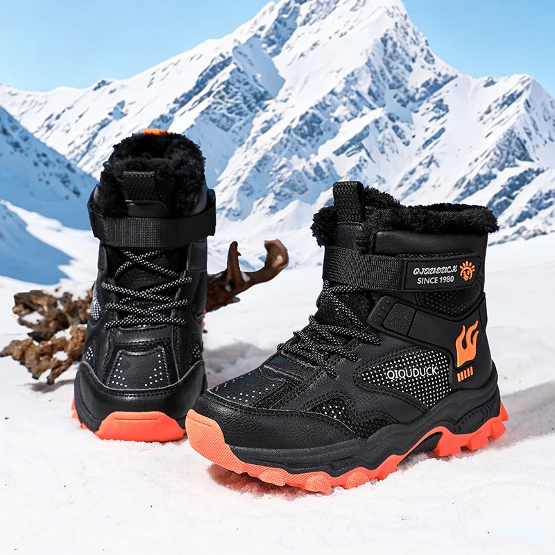 Kids Winter Snow Boots Boys Girls Hiking Shoes Hook & Loop Warm Fur Lined Non-Slip Waterproof Thick Sole Gradient Outdoor Shoes