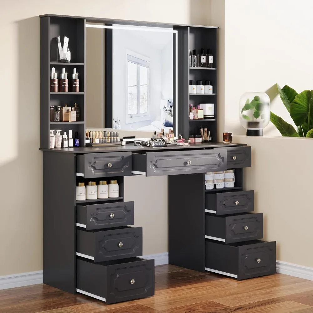 47’’ X-Large Makeup Vanity with LED Lighted Mirror，Dressing Table with Storage Shelf & 9-Drawer，Vanity Desk for Bedroom