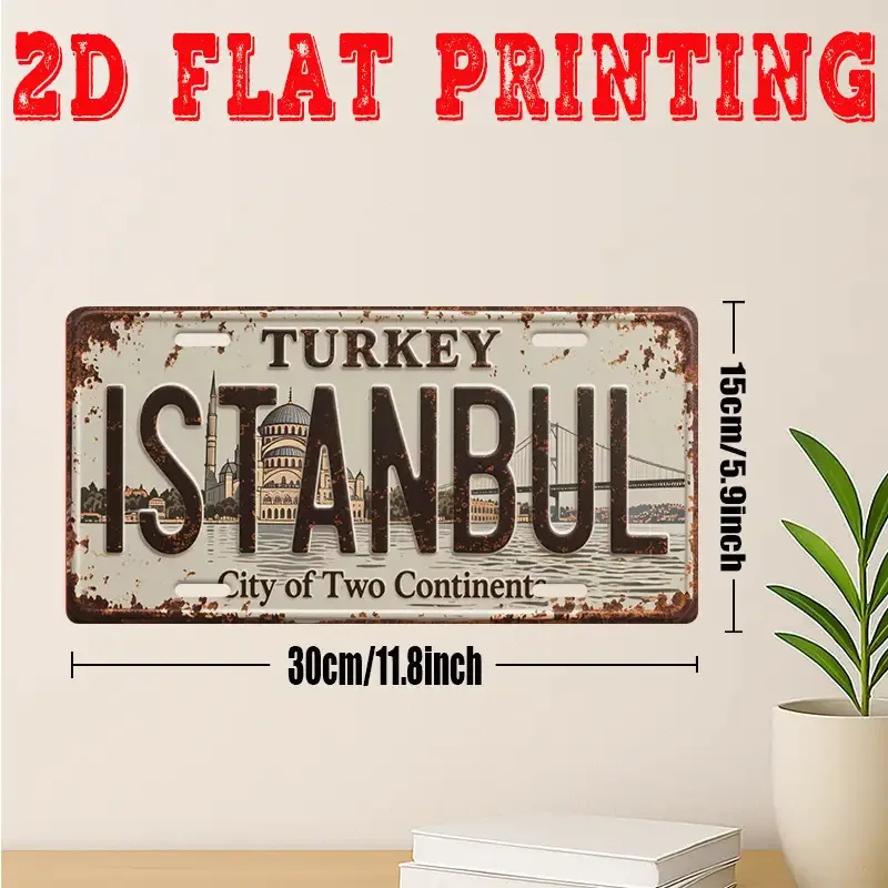 2D Flat Vintage Metal  Sign, Depicting Istanbul, The City Bridges  Aluminum Wall Art Highlights Turkish Architecture