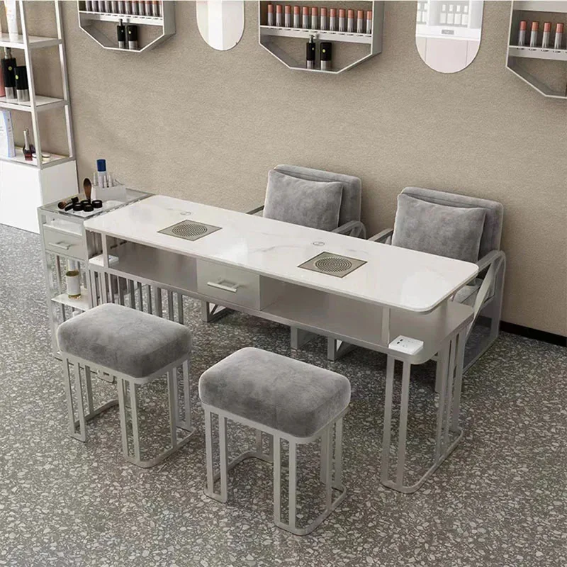 

Light Luxury Silver Nail Tables Professional Salon Furniture for Beauty Salon Manicure Table and Chair Set with Vacuum Cleaner