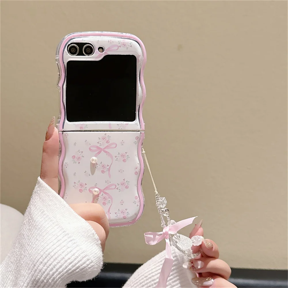 Cute Floral Case For Samsung Z Flip5 Bow Wrist Strap Cover For Galaxy Z Flip 4 z flip 3 Hand Chain Wave Edge Girl's Phone Case