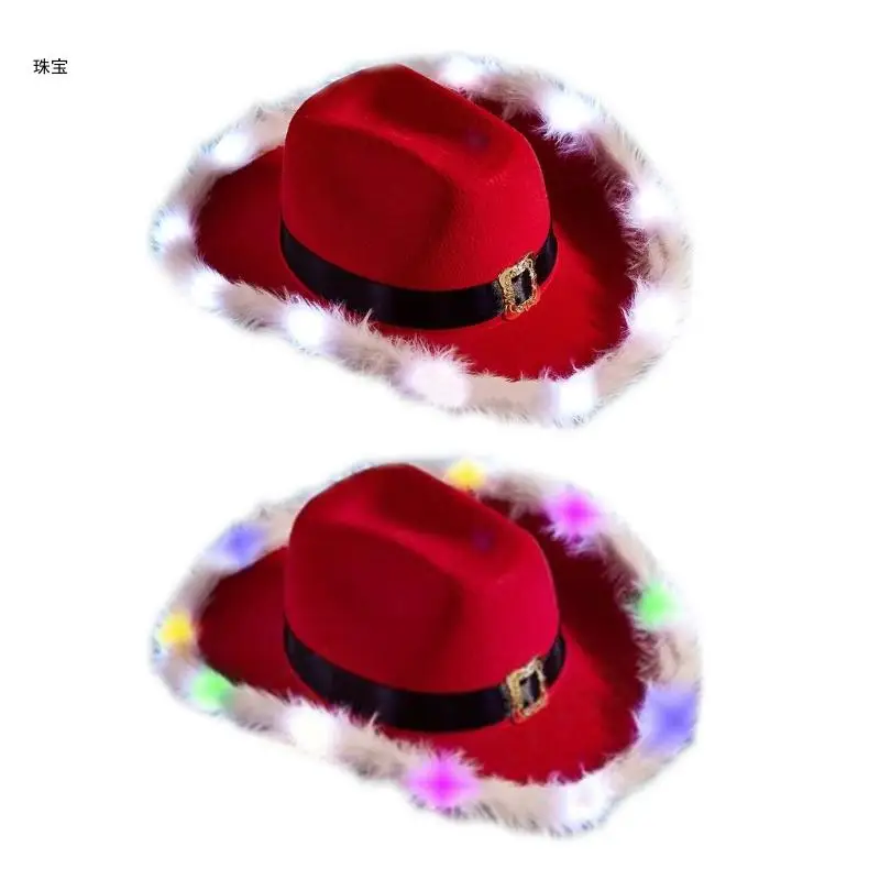 X5QE Women Men Cowboy Hats Cowgirl Hat for Women Christmas Cowboy Hat Church Hat Model Show Cowboy Hat with Led Brim