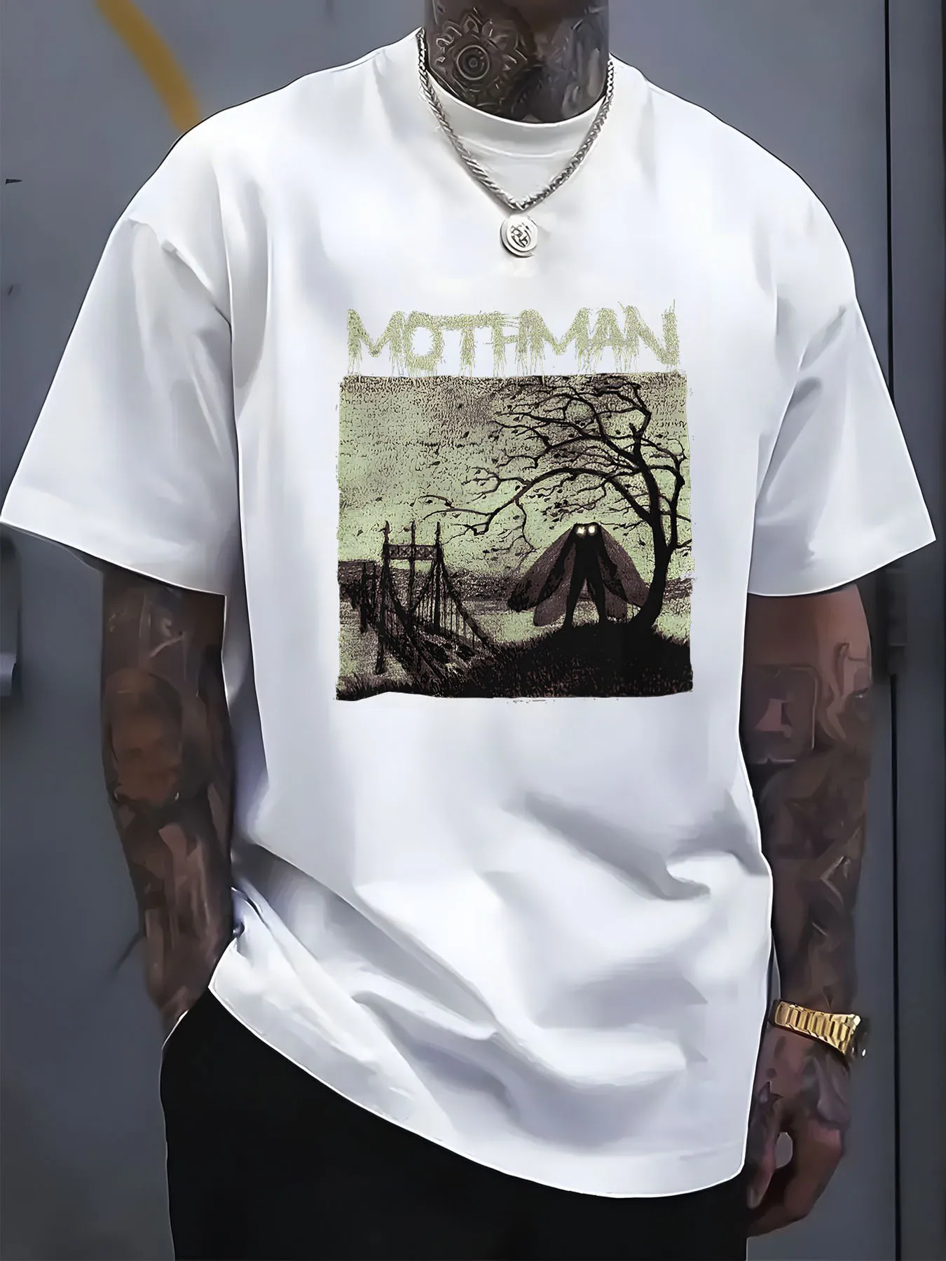 Men's Horror-Themed T-Shirt - Mothman Graphic Tee With Dead Wood Creature Design - Black With Front Print - Breathable Cotton St