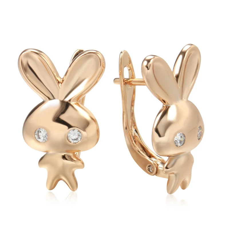 Wbmqda Cute 585 Rose Gold Color Rabbit Dangle Earrings For Women Natural Zircon Setting Unique Christmas Jewelry Gift