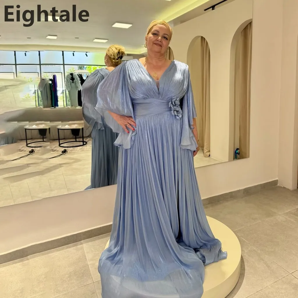 

Eightale 2025 A Line Dusty Blue Muslim Silk Satin Puff Sleeve Evening Dress Saudi Arabic Prom Dress Dubai Party Gown Customized