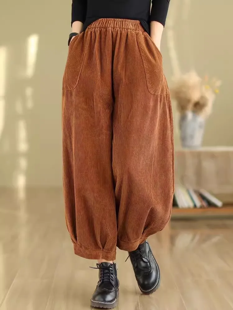 

Vintage Corduroy Lantern Pants for Women 2024 New Autumn Winter Individual Wide Leg Pants Loose Fit Harem Pants Bloomers