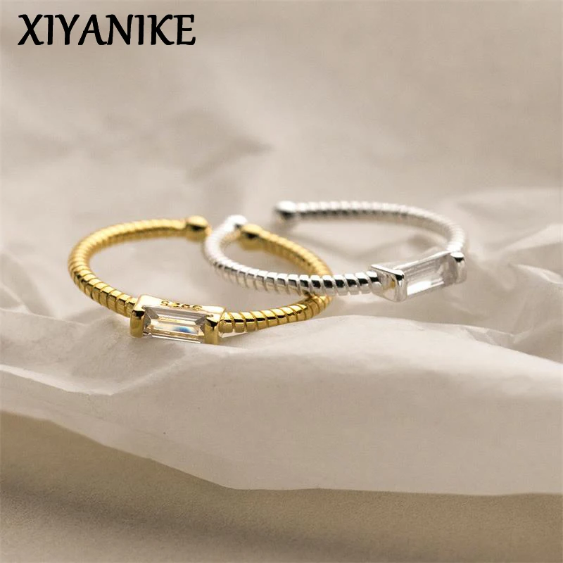 XIYANIKE Simple Stripes Sparkling Square Zircon Cuff Finger Rings For Women Fashion New Jewelry Girl Gift Party anillos mujer