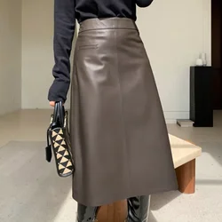Lady Real Leather Long Skirt Genuine Sheepskin Leather A-Line Skirts Female Streetwear Autumn