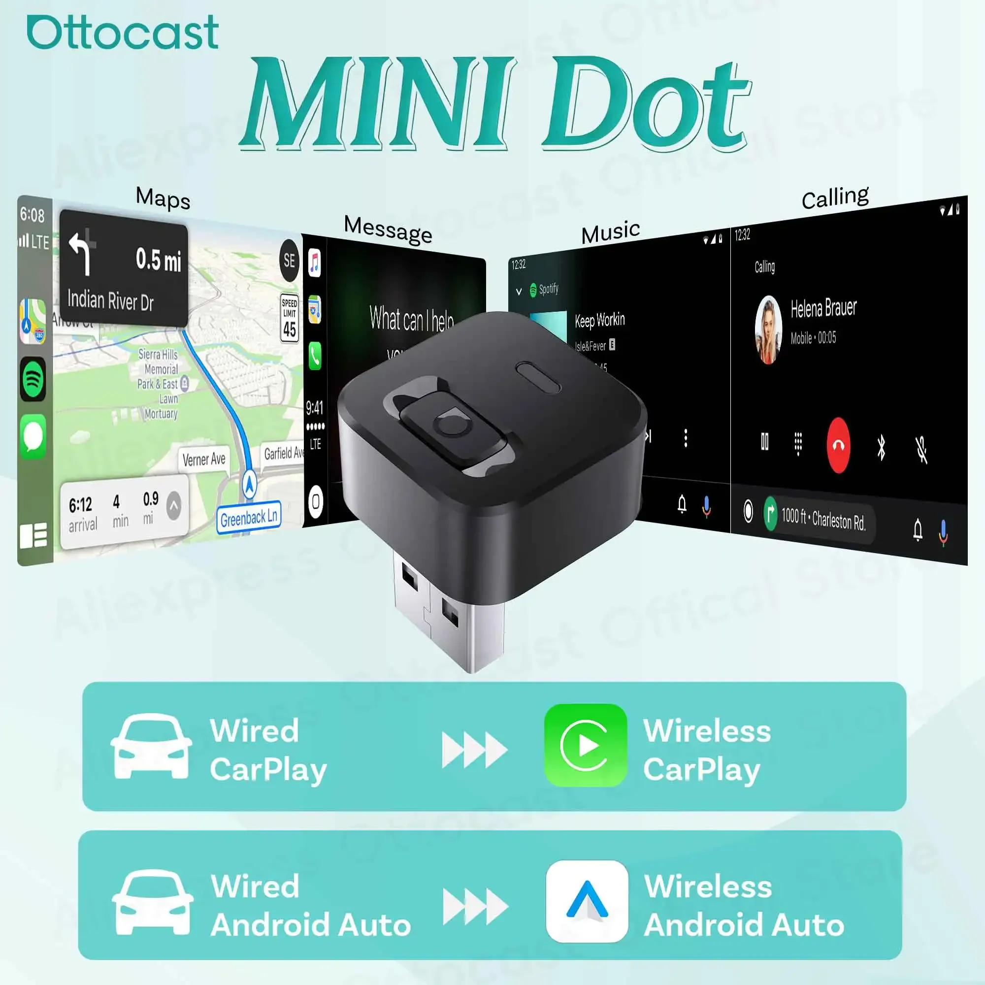 OTTOCAST MINI Dot Wireless CarPlay Android Auto Adapter 2 in 1 USB Dongle Car Accessories for VW Toyota Hyundai Skoda Chevrolet