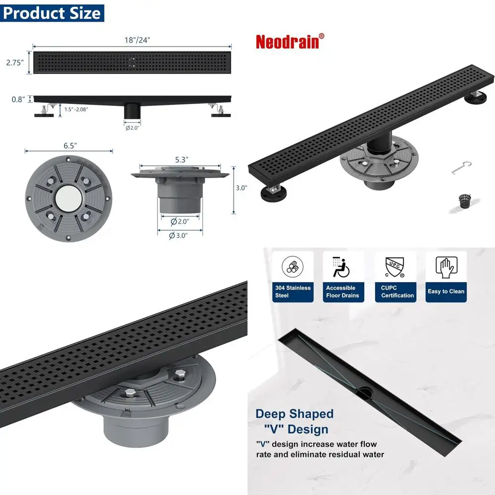

18 Matte Black Linear Shower Drain with Stainless Steel Grate and Hair Catcher
