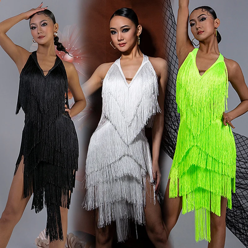 

Latin Dance Copetition Dress Women Backless Fringe Sexy Black Dress Cha Cha Rumba Samba Tango Dance Costume Prom Wear DNV17498