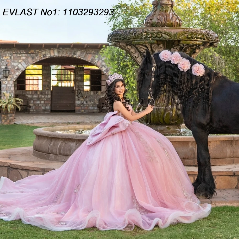 

EVLAST Customized 2026 Pink Quinceanera Dress Off Shoulder Lace Applique Crystal Beaded Bow Sweet 16 Vestidos De 15 Anos E1QN495