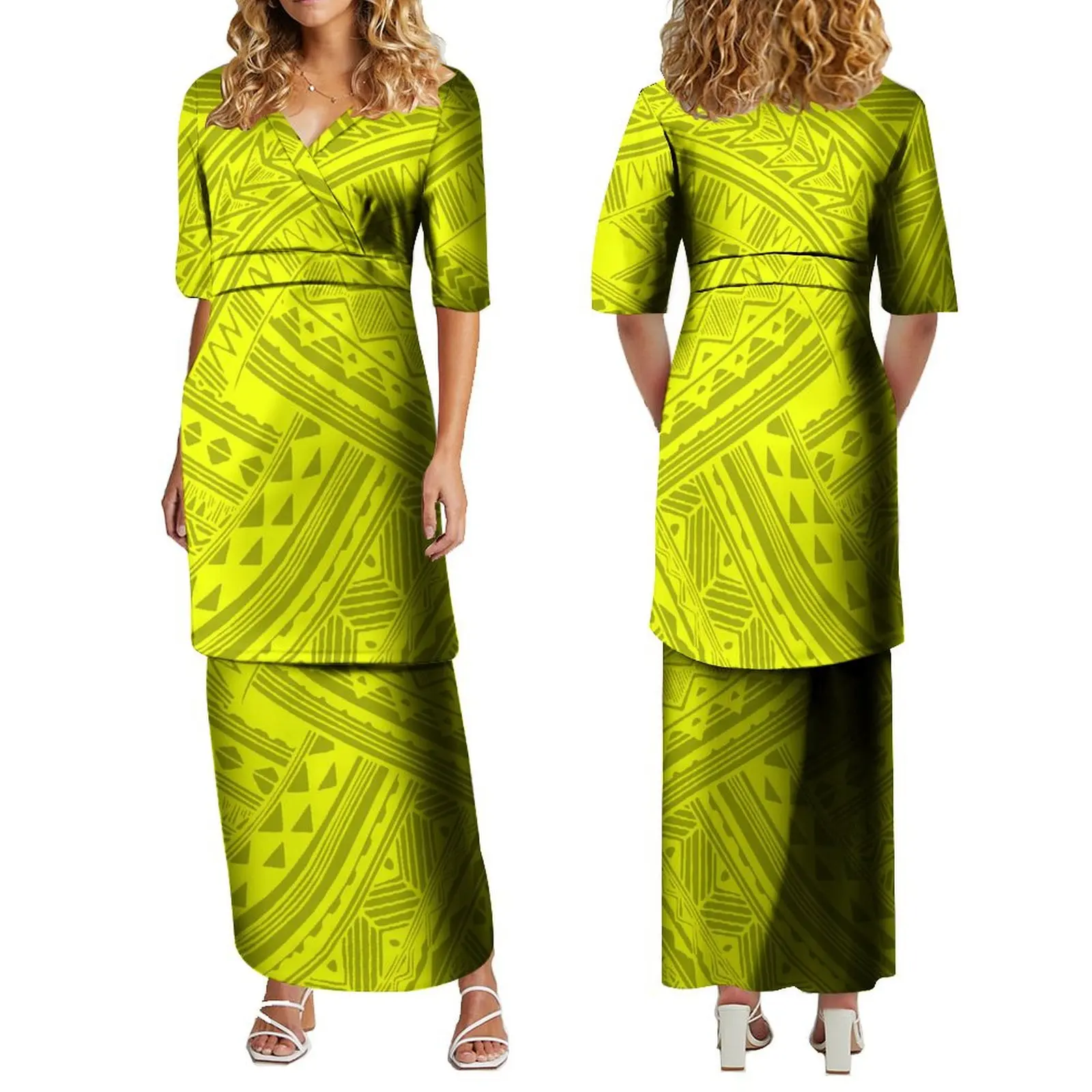 

Fijian Style Island Double Suit Skirt 2024 New Fashion Polynesian Puletasi Elegant V-Neck Skirt Samoan Top And Skirt