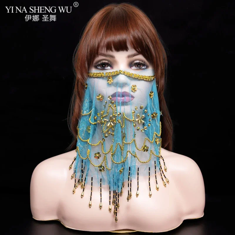 Véu facial tribal de dança do ventre feminino com acessório de fantasia de Halloween com lantejoulas véus de dança do ventre à venda 9 cores disponíveis